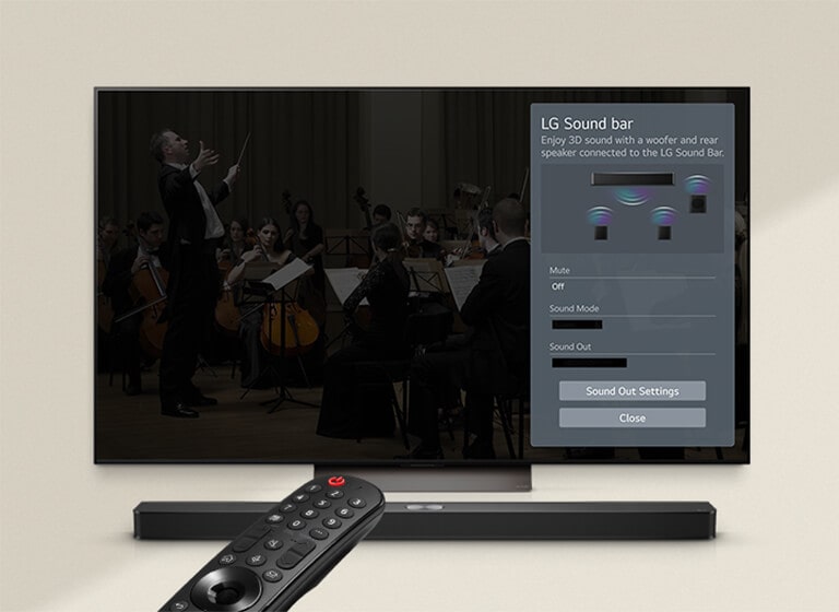 LG Remote apunta hacia un televisor LG con la barra de sonido LG debajo. LG TV muestra el menú de la interfaz BOOM en la pantalla.