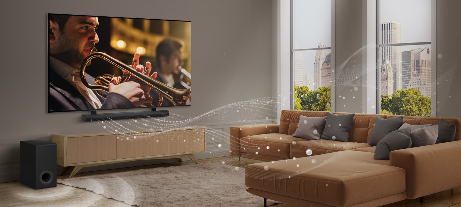 Una barra de sonido LG, un televisor LG y un subwoofer se encuentran en un apartamento moderno de la ciudad. La barra de sonido LG emite tres ramas de ondas sonoras, hechas de gotas blancas que flotan en la parte inferior del piso. Al lado de la barra de sonido hay un subwoofer que crea un efecto de sonido desde abajo.