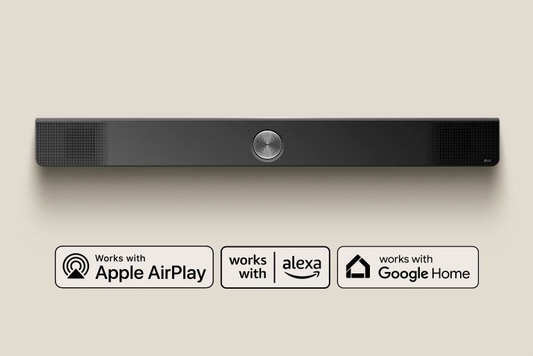Una perspectiva aérea de una barra de sonido LG. Apple AirPlay logo Amazon Alexa logo Google Home logo