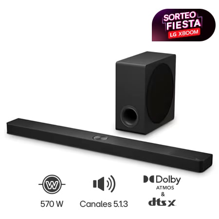 Angled view of LG Soundbar S90TY and subwoofer