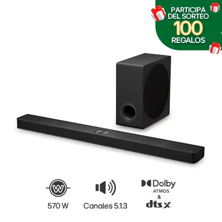 Angled view of LG Soundbar S90TY and subwoofer