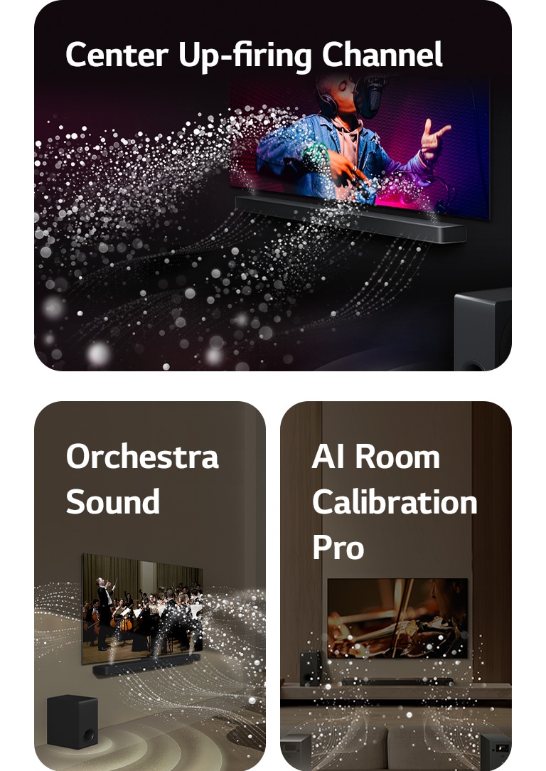LG Soundbar and LG TV in a black room playing a musical performance. White droplets representing soundwaves shoot upwards and forward from the soundbar, as subwoofer is creating a sound effect from the bottom. LG Soundbar and LG TV in a living room playing an orchestra performance. White waves of droplets representing soundwaves shoot upwards and forward from the soundbar and project from the TV, as subwoofer is creating a sound effect from the bottom. LG Soundbar, LG TV, rear speakers and a subwoofer are in a living room. A grid overlay appears over the room, like a scan of the space. White soundwaves made of droplets are coming out from the frontal perspective of the rear speakers.