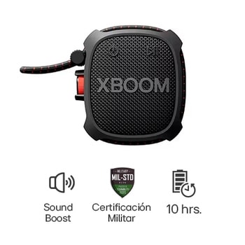 Vista frontal del LG xboom Go XG2TBK | Parlantes Bluetooth portátil de grado militar y batería de 10 horas de duración