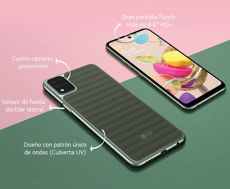 La parte frontal y trasera de un celular en una mesa en color verde y rosado.