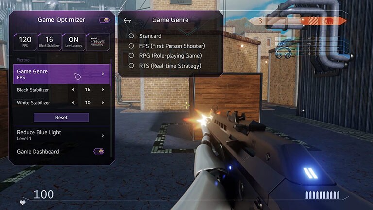 El ajuste del modo basado en los géneros del juego, el sonido del juego y el VRR en el optimizador de juegos mientras se juega. (Reproducir el video)