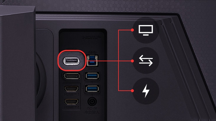 Hay varios puertos en la parte posterior del monitor, incluido el puerto USB tipo C.