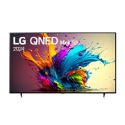 Vista frontal de LG QNED TV, QNED90 con texto de LG QNED, 2024 y logotipo de webOS Re:Nuevo Programa en pantalla