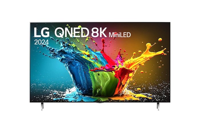 Vista frontal de LG QNED MiniLED QNED99 75QNED99TSA con texto de LG QNED MiniLED, 2024, y logo del programa webOS Re:New en la pantalla.