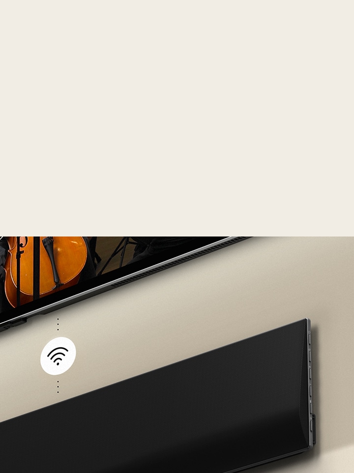 LG OLED TV y Soundbar montados en la pared con un gráfico de símbolo Wi-Fi blanco en el centro.