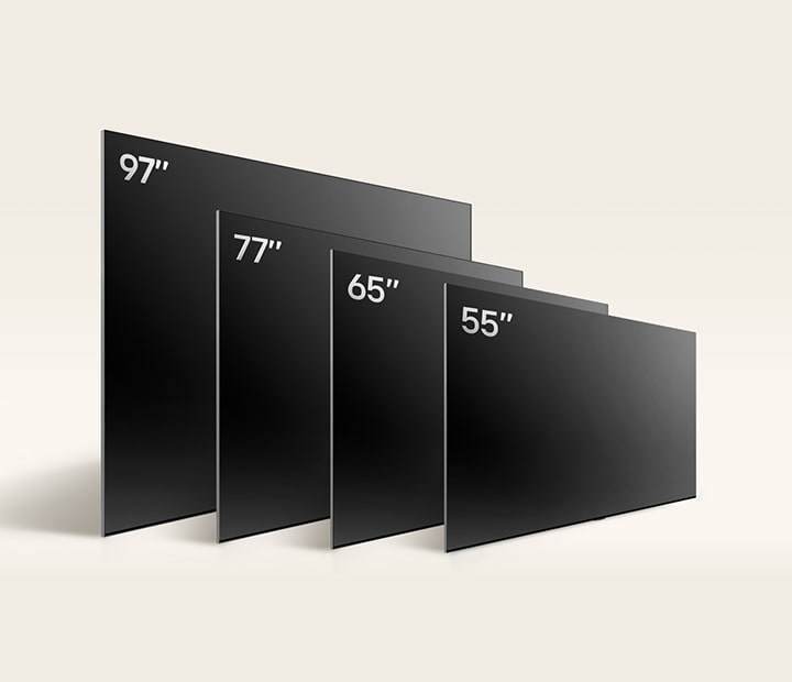 Comparación de los diferentes tamaños de los televisores LG OLED TV, OLED G4, mostrando OLED G4 55", OLED G4 65", OLED G4 77" y OLED G4 97".