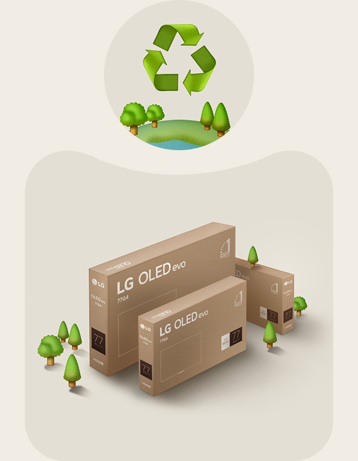 Embalaje de LG OLED sobre un fondo beige con árboles ilustrados. 