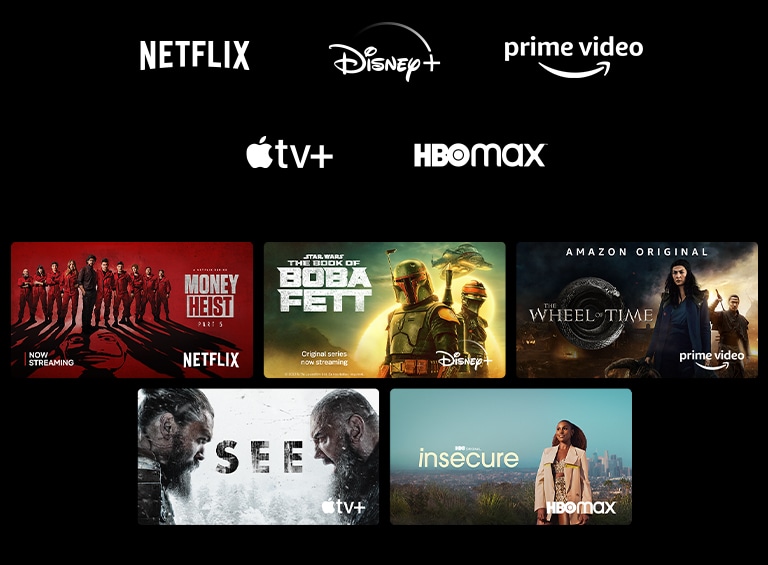 Un póster de Money Heist de Netflix, The Book of Boba Fett de Disney Plus, The Wheel of Time de Prime Video, See de Apple TV Plus e Insecure de HBO Max.