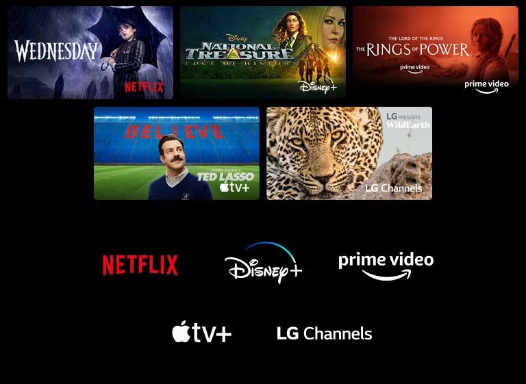 Un póster de Merlina de Netflix, Tesoro Nacional de Disney+, Los anillos del poder de Prime Video, Ted Lasso de Apple TV Plus y un fotograma de LG Channels con un leopardo en su hábitat.