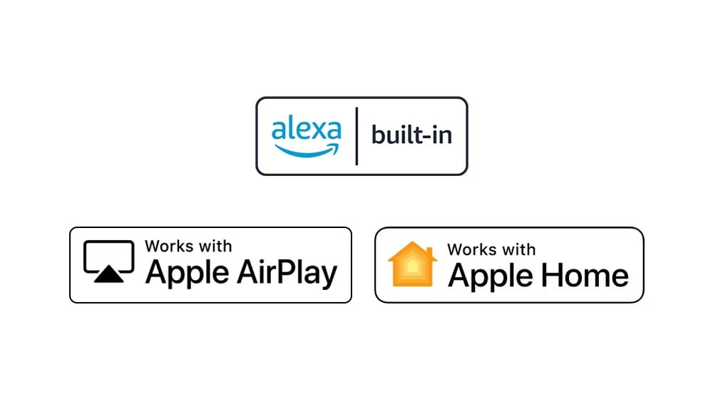 Logotipo de hey google Logotipo de alexa integrada Logotipo de funciona con Apple AirPlay Logotipo de funciona con Apple Home