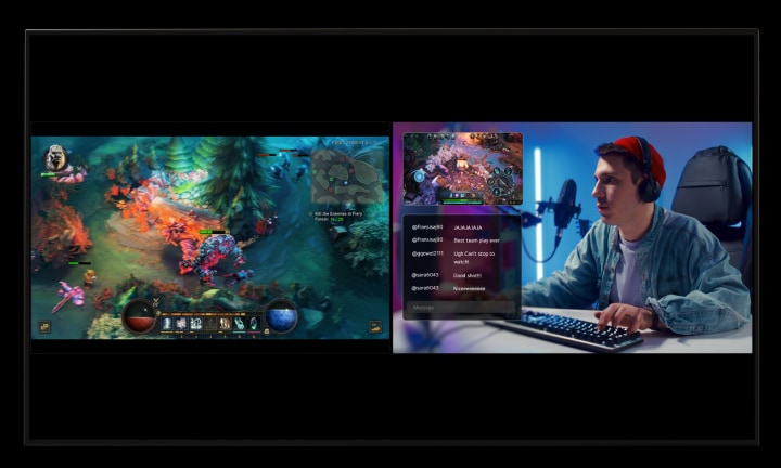 La pantalla de un televisor LG se divide en dos mitades. A la izquierda, se muestra un juego colorido. A la derecha, se muestra un transmisor de juegos, un cuadro de chat y el juego. Un cursor hace clic en el panel de vista múltiple y hace clic en el ícono "TV en vivo"; una pantalla de TV a la derecha cambia a TV en vivo.