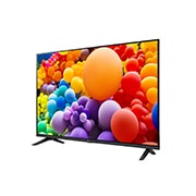 Vista lateral ligeramente inclinada hacia la izquierda del LG UHD TV, UT73