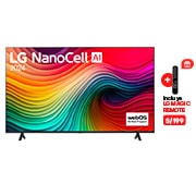 Vista frontal de LG NanoCell TV, NANO80 con texto de LG NanoCell, 2024 y logotipo de webOS Re:Nuevo Programa en pantalla