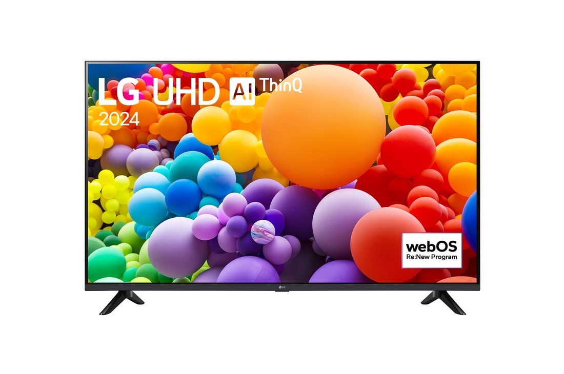 Vista frontal de LG UHD TV, UT73 con texto de LG UHD AI ThinQ, 2024 y logotipo de webOS Re:New Program en pantalla