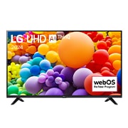 Vista frontal de LG UHD TV, UT73 con texto de LG UHD AI ThinQ, 2024 y logotipo de webOS Re:New Program en pantalla