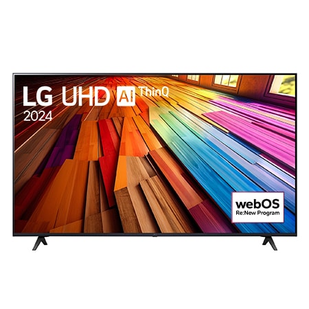 Vista frontal del televisor LG UHD, UT80 con el texto de LG UHD AI ThinQ, 2024, y el logotipo de webOS Re: Nuevo Programa en pantalla.