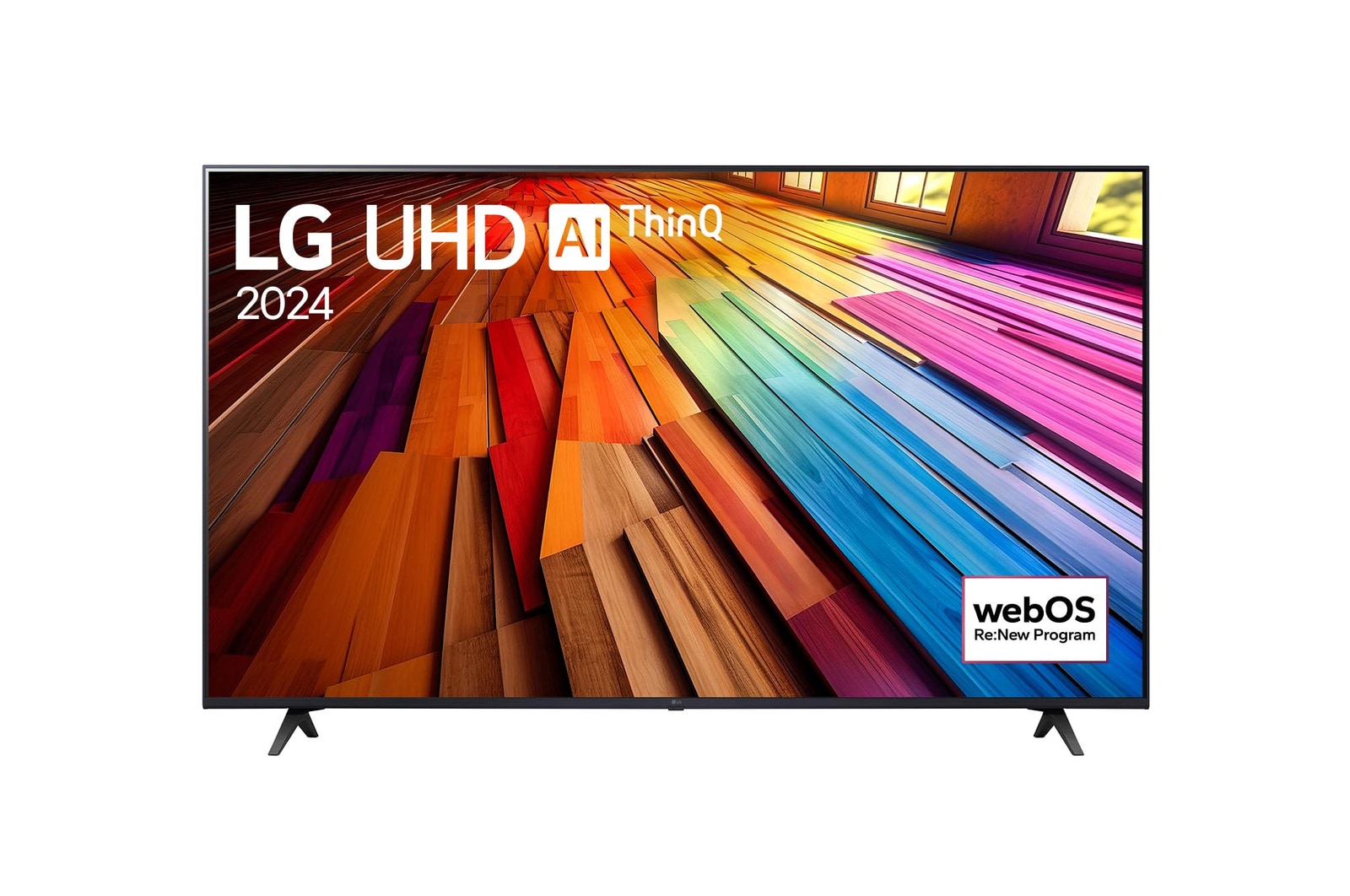 Vista frontal del televisor LG UHD, UT80 con el texto de LG UHD AI ThinQ, 2024, y el logotipo de webOS Re: Nuevo Programa en pantalla.