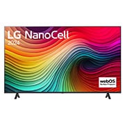 Vista frontal de LG NanoCell TV, NANO80 con texto de LG NanoCell, 2024 y logotipo de webOS Re:Nuevo Programa en pantalla