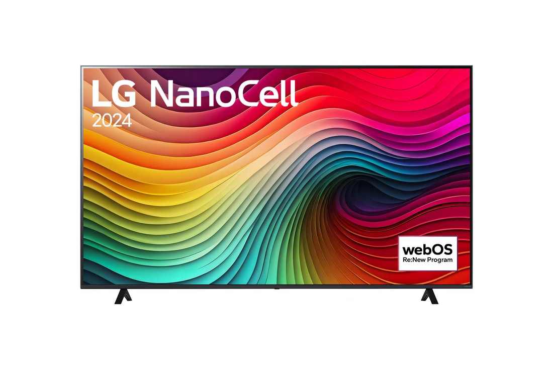 Vista frontal de LG NanoCell TV, NANO80 con texto de LG NanoCell, 2024 y logotipo de webOS Re:Nuevo Programa en pantalla