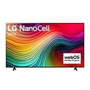 Vista frontal de LG NanoCell TV, NANO80 con texto de LG NanoCell, 2024 y logotipo de webOS Re:Nuevo Programa en pantalla