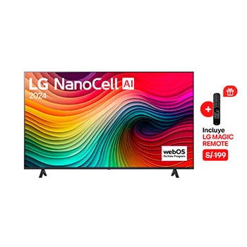 Vista frontal de LG NanoCell TV, NANO80 con texto de LG NanoCell, 2024 y logotipo de webOS Re:Nuevo Programa en pantalla