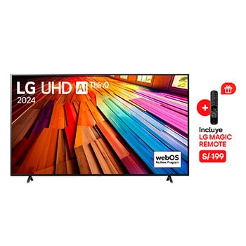 Vista frontal del televisor LG UHD, UT80 con el texto de LG UHD AI ThinQ, 2024, y el logotipo de webOS Re: Nuevo Programa en pantalla.