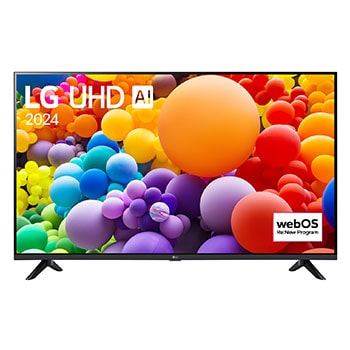 Vista frontal de LG UHD TV, UT73 con texto de LG UHD AI ThinQ, 2024 y logotipo de webOS Re:New Program en pantalla