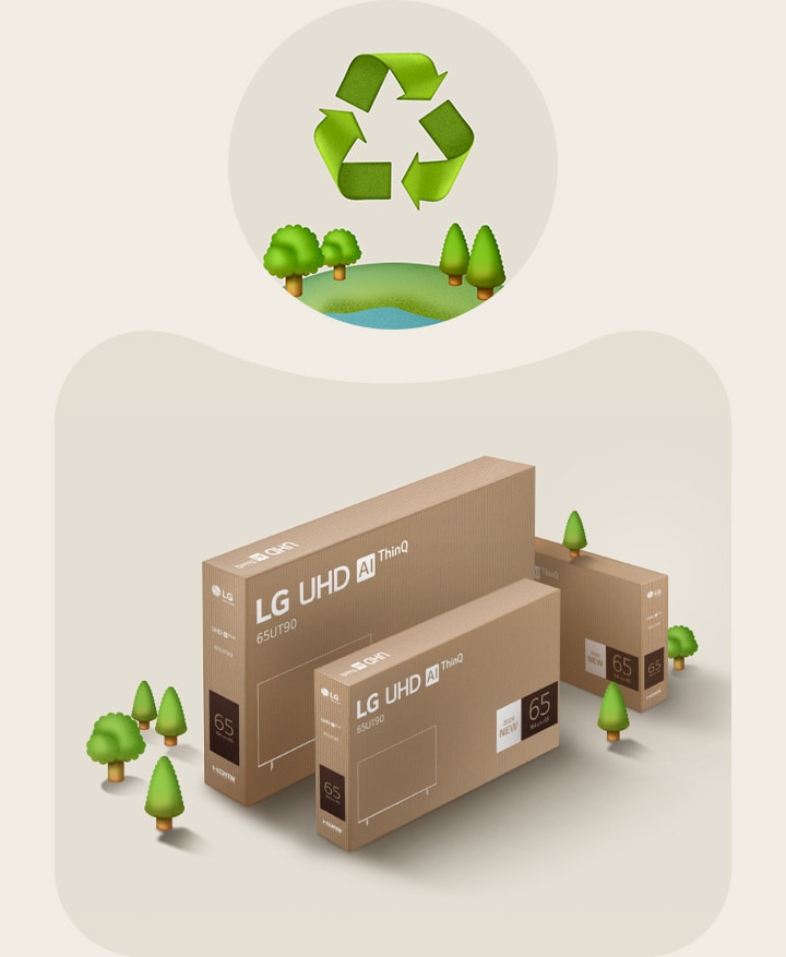 Embalaje LG UHD sobre fondo beige con árboles ilustrados. 
