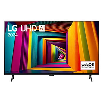 Vista frontal del TV LG UHD, UT90 con el texto de LG UHD AI ThinQ, 2024, y el logotipo de webOS Re:Nuevo Programa en pantalla.