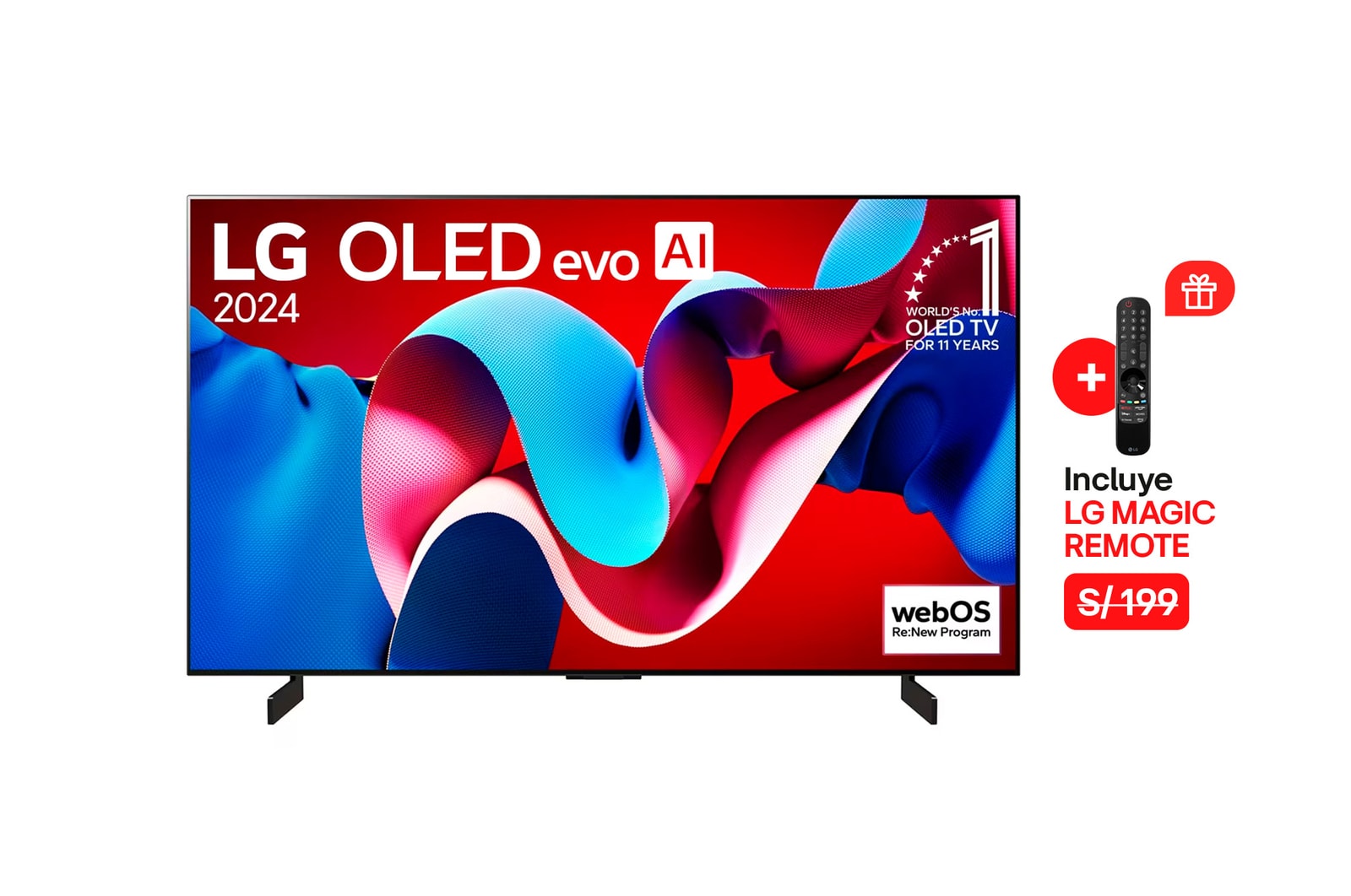 Vista frontal con LG OLED evo AI TV, OLED C4, 11 años del OLED Emblem número 1 del mundo y logotipo de webOS Re:New Program en pantalla