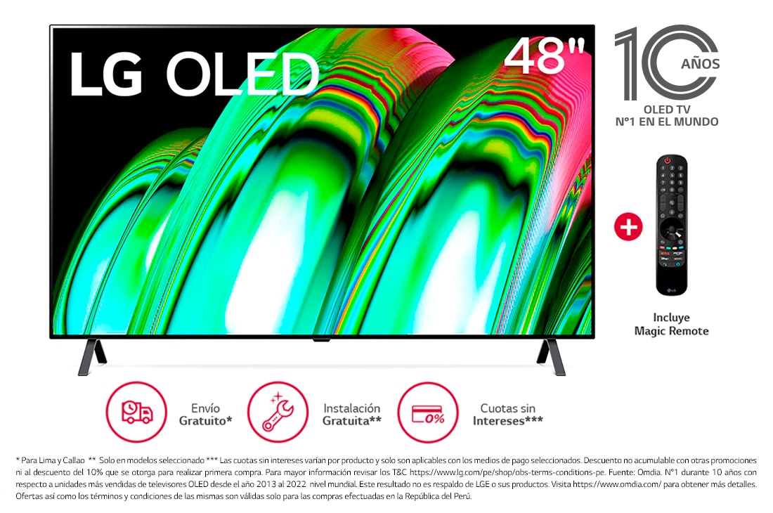 LG OLED 48'' A2 4K Smart TV con ThinQ AI (Inteligencia Artificial), 4K Procesador Inteligente α7 generación 5, OLED48A2PSA