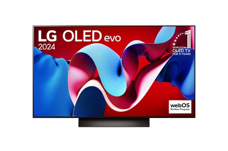 Vista frontal con LG OLED evo AI TV, OLED C4, 11 años del OLED Emblem número 1 del mundo y logotipo de webOS Re:New Program en pantalla