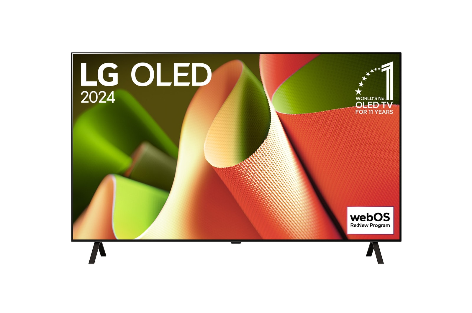 Front view with LG OLED TV, OLED B4, 11 Years of world number 1 OLED Emblem and webOS Re:New Program logo on screen with 2-pole stand