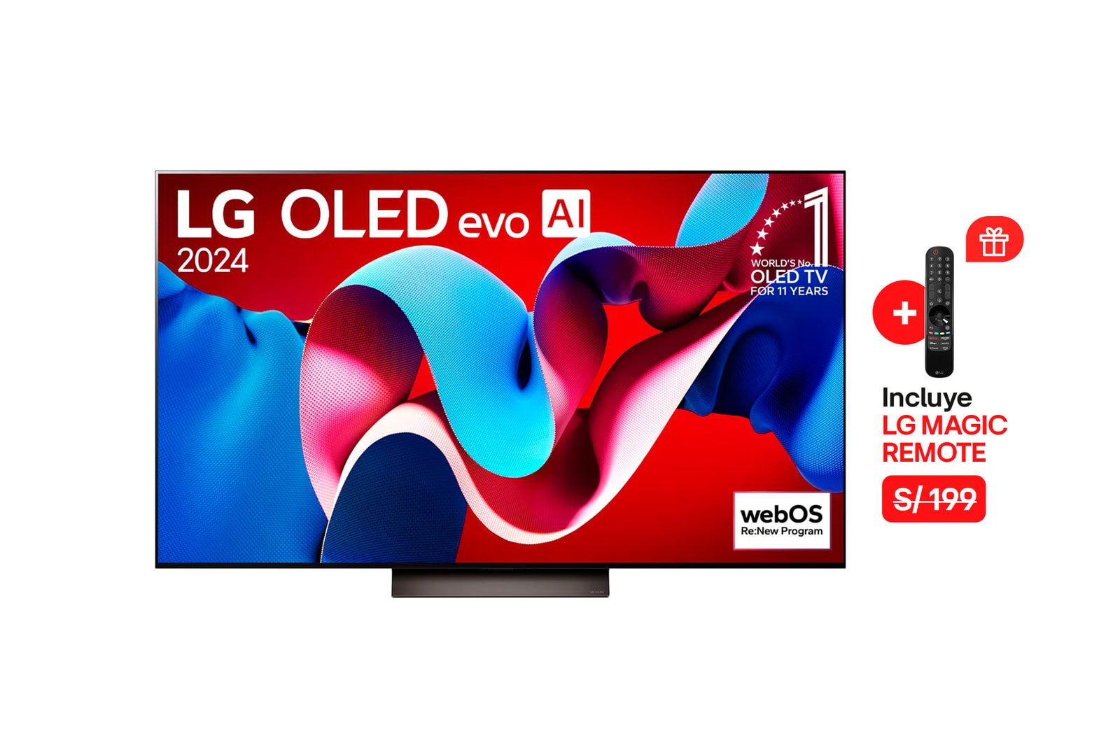 Vista frontal con LG OLED evo AI TV, OLED C4, 11 años del logotipo OLED Emblem número 1 del mundo y logotipo de webOS Re:New Program en pantalla