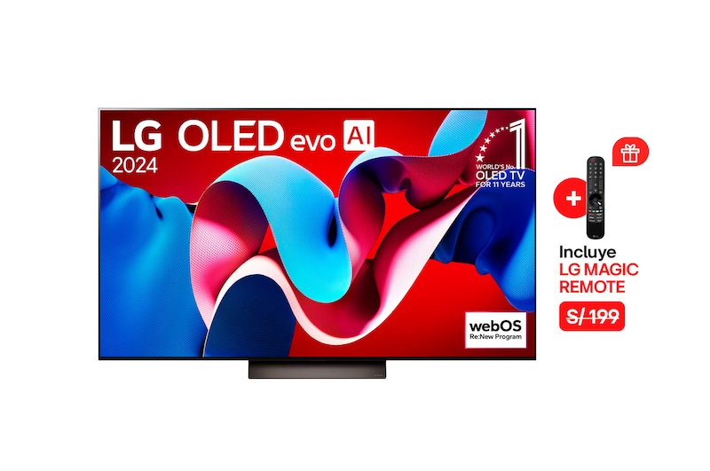 Vista frontal con LG OLED evo AI TV, OLED C4, 11 años del logotipo OLED Emblem número 1 del mundo y logotipo de webOS Re:New Program en pantalla