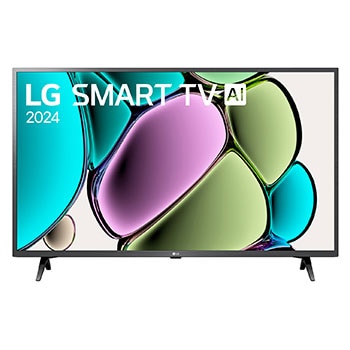 Vista frontal de LG FHD TV, LR60 con texto de LG SMART TV AI y 2024 en pantalla con soporte de 2 polos