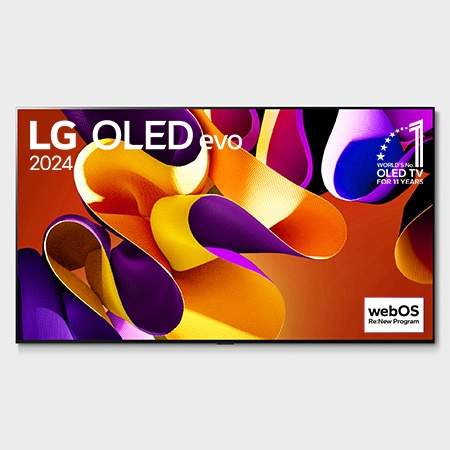 Front view with LG OLED evo TV, OLED G4, 11 Years of world number 1 OLED Emblem, webOS Re:New Program logo, and 5-Year Panel Warranty logo on screen, as well as the Soundbar below