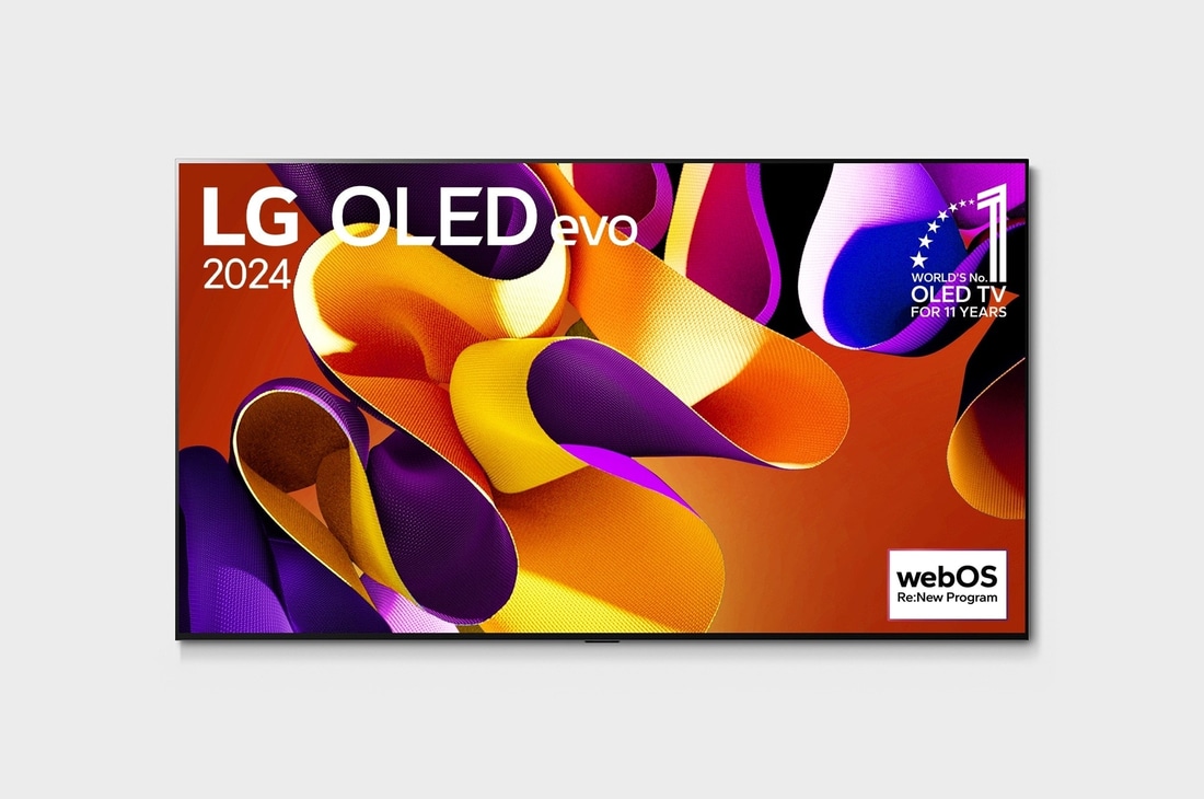Front view with LG OLED evo TV, OLED G4, 11 Years of world number 1 OLED Emblem, webOS Re:New Program logo, and 5-Year Panel Warranty logo on screen