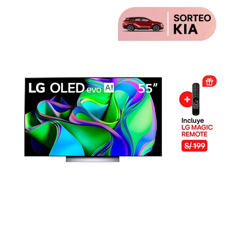 Vista frontal con LG OLED y Emblema 10 Años Marca OLED No.1 en el Mundo en la pantalla, así como la barra de sonido.