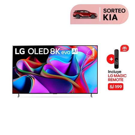 Vista frontal con LG OLED y Emblema 10 Años Marca OLED No.1 en el Mundo en la pantalla, así como la barra de sonido.