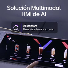 Usuario interactuando con una interfaz táctil impulsada por una solución HMI de IA multimodal, seleccionando el menú de café con la ayuda de un asistente de IA.