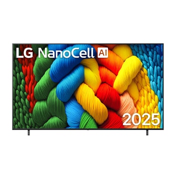 Vista de frente de la NanoCell TV, logotipo de LG NanoCell Al en la esquina superior. La LG NanoCell NANO80 TV muestra coloridas texturas como la pintura que se combinan.