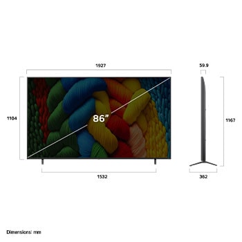 Vista de frente y lateral de la Smart TV LG Nanocell NANO80 AI 4K en la que se ven sus dimensiones de longitud, ancho, altura y profundidad.