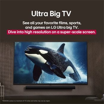 LG TV con una pantalla impresionantemente grande montada en una pared encima de una LG Soundbar en una sala de estar de estilo moderno.