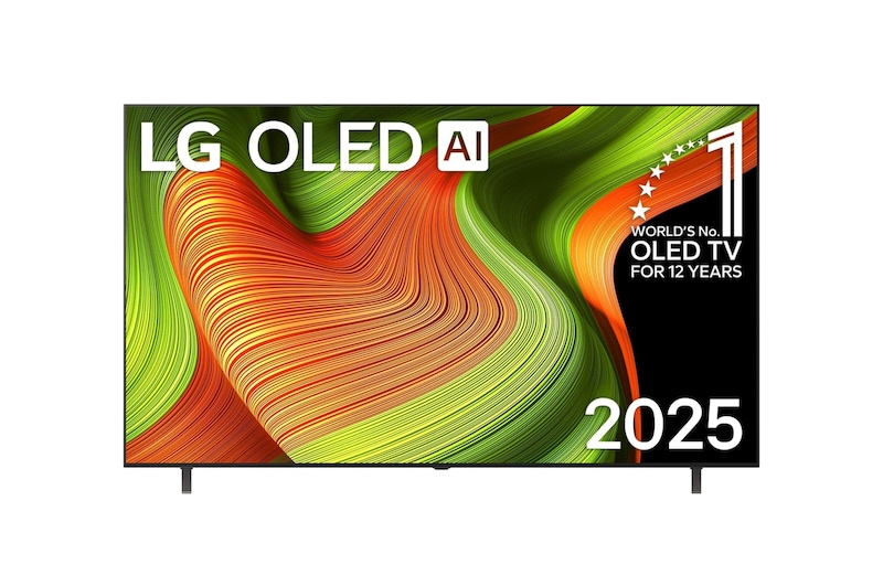 Vista de frente de la Smart TV LG OLED AI B5 4K. El emblema de OLED de ser el n.º 1 del mundo durante 12 años y el logo LG OLED AI 2025 aparecen en la pantalla.