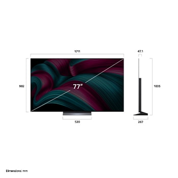 Vista de frente y lateral de la Smart TV LG OLED evo AI C5 4K en la que se ven sus dimensiones de longitud, ancho, altura y profundidad.
